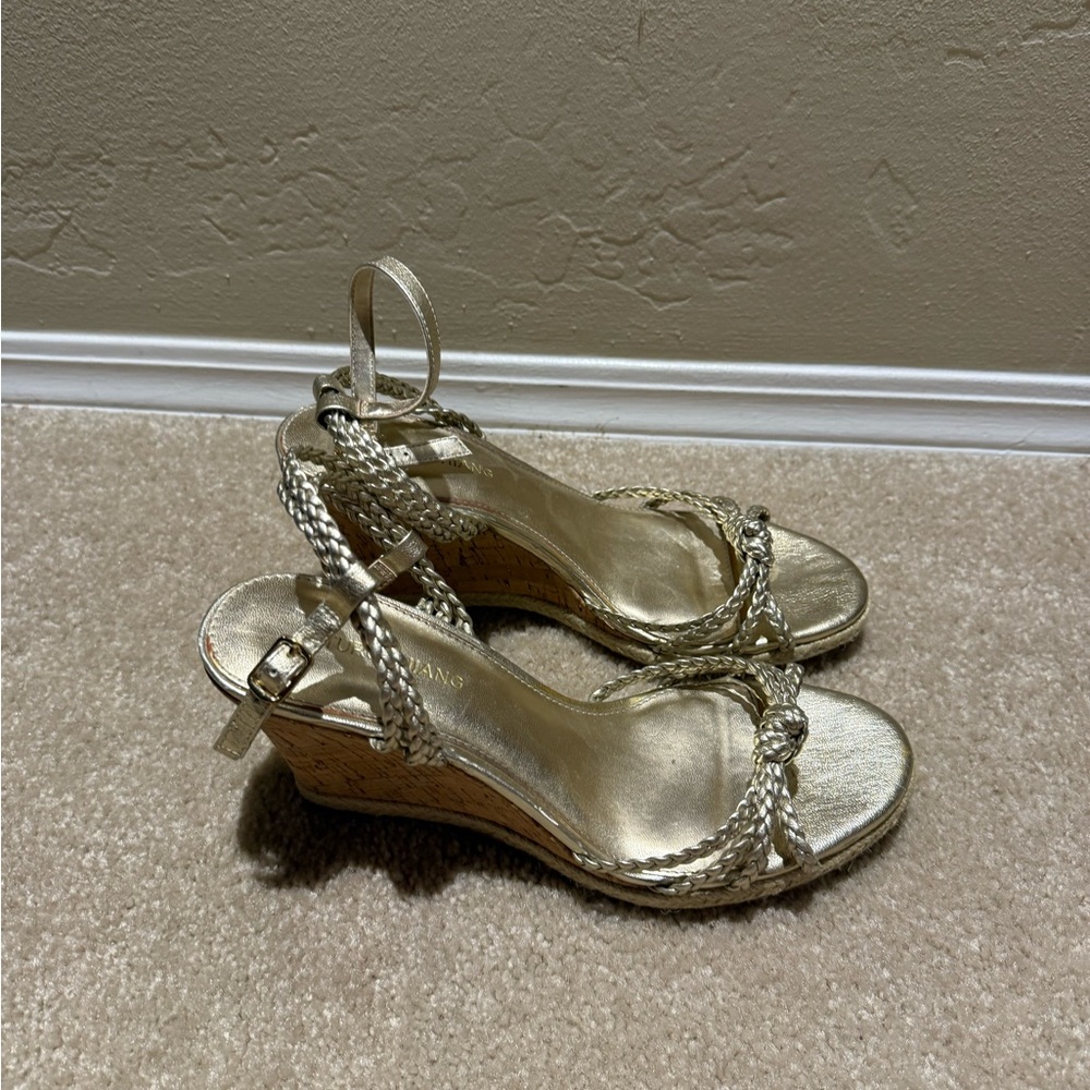 Arturo Chiang Gold Wedge Sandals with Bow Detail